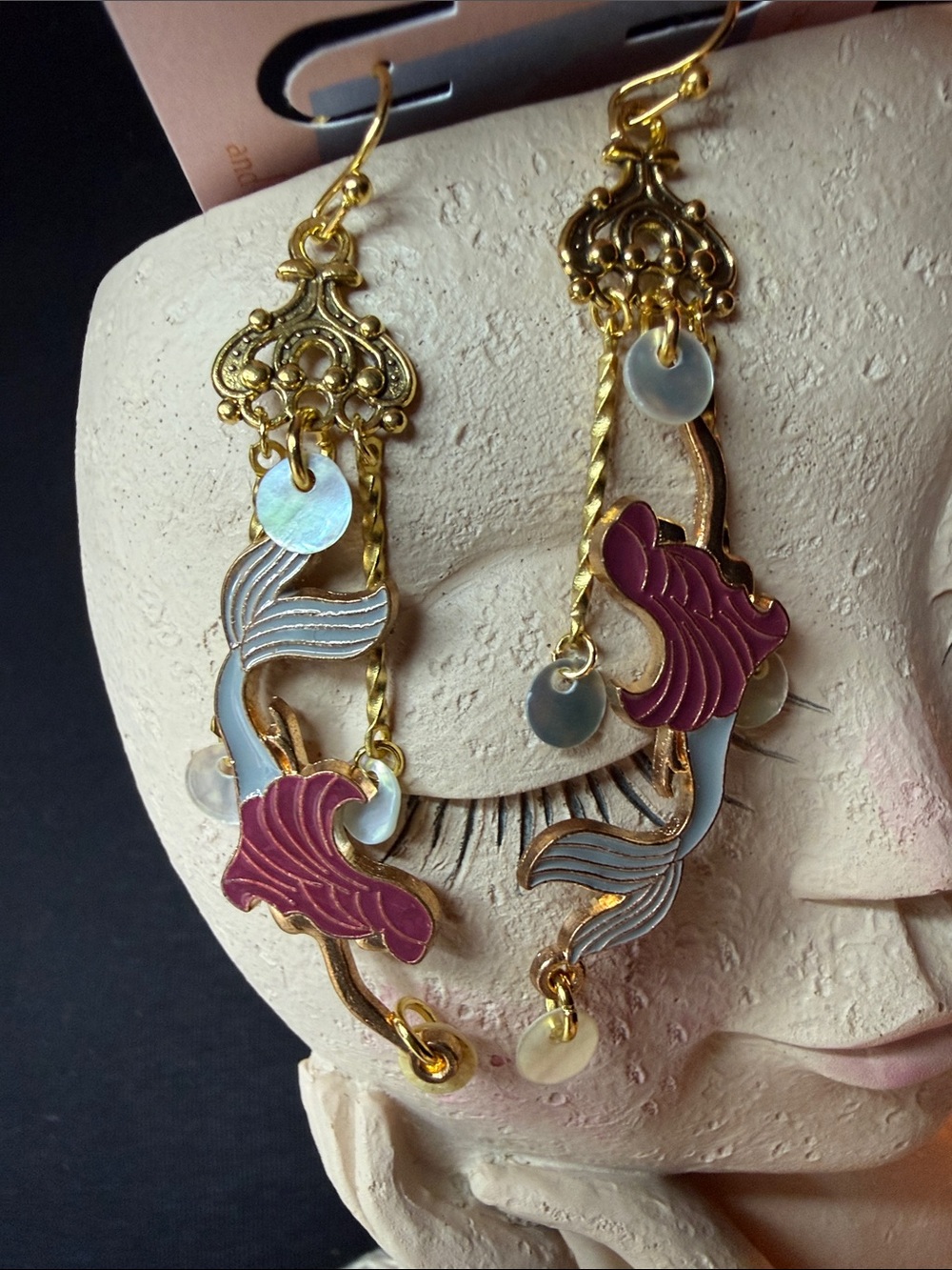Gold-Tone Floral Drop Earrings with Pink and Light Blue Accents